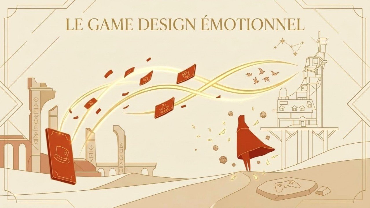 Illustration dorée : un voyageur à cape rouge dans un désert stylisé, des cartes et des rubans de lumière autour du titre Le Game Design émotionnel | Association The Project