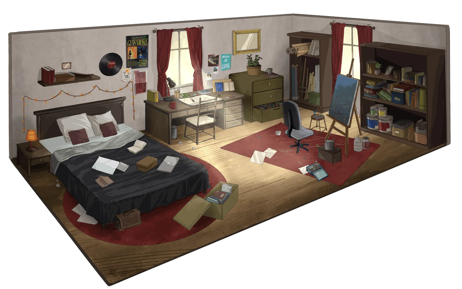 Concept art : la chambre de Sasha, en coupe | Association The Project